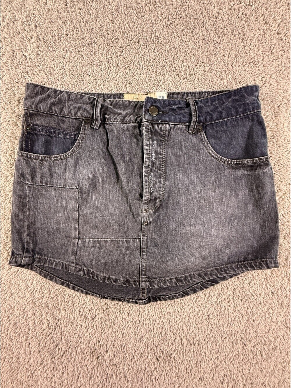 FREE PEOPLE BLACK DISTRESSED IZZIE DENIM MINI SKIRT Size 28 Button Fly